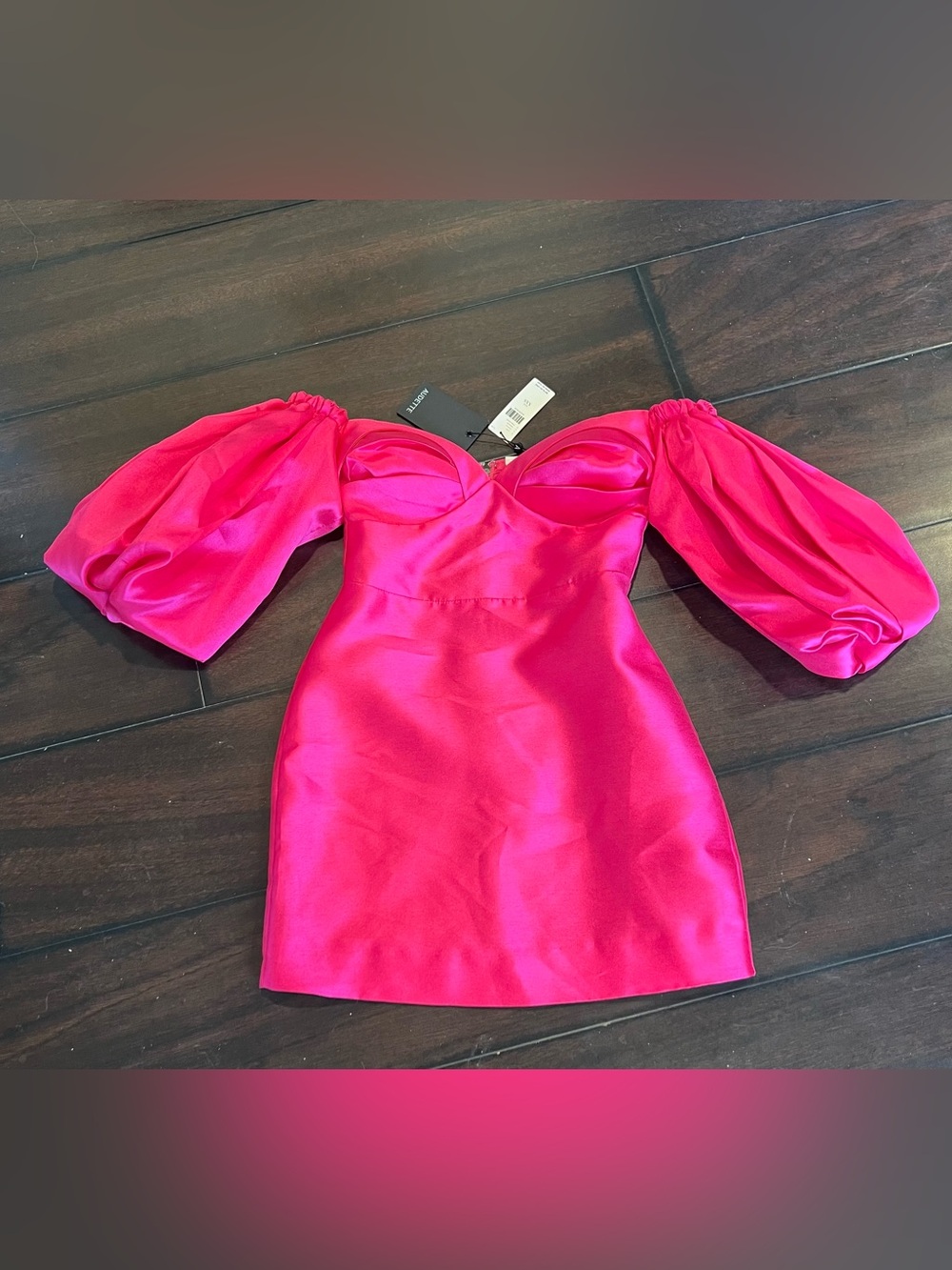 Anthro Hot Pink Satin Puff Sleeve Mini Dress